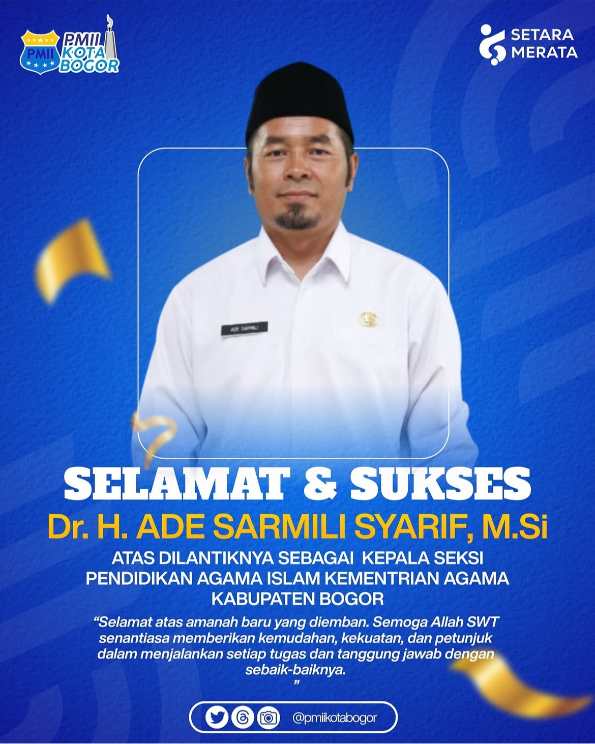Sambut Semangat Baru, PC PMII Kota Bogor Ucapkan Selamat atas Pelantikan Kasi PAI Kemenag Kabupaten Bogor